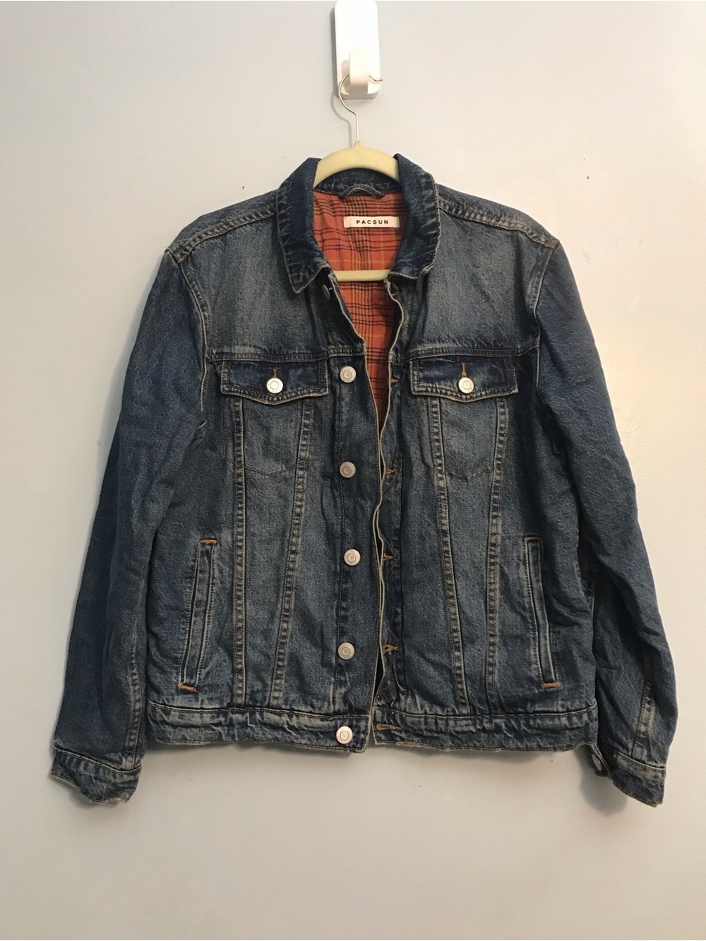 PacSun Blue Denim Jacket with Orange Plaid Lining